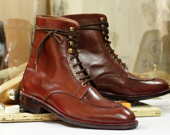 Handgemaakte lederen split toe laarzen, op maat gemaakte bruine jurk formele laarzen, heren Goodyear Gelast Ankle High Boots