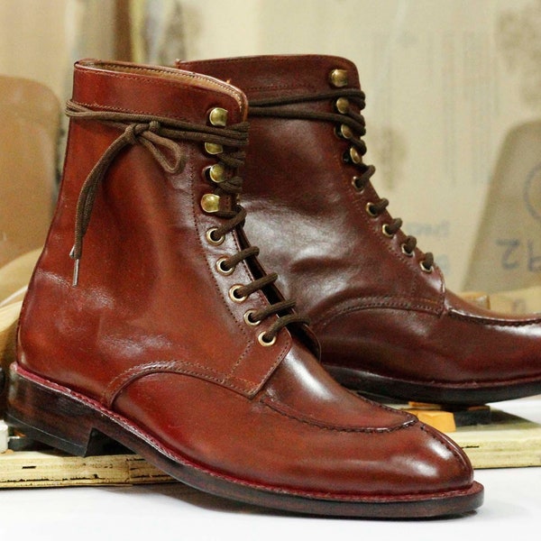 Handmade Leather Split Toe Boots, Bespoke Brown Dress Formal Boots, Men's Goodyear Welted Ankle High Boots