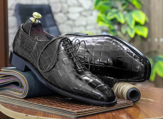 New Pure Handmade Black Crocodile Leather Lace up Dress Shoes for