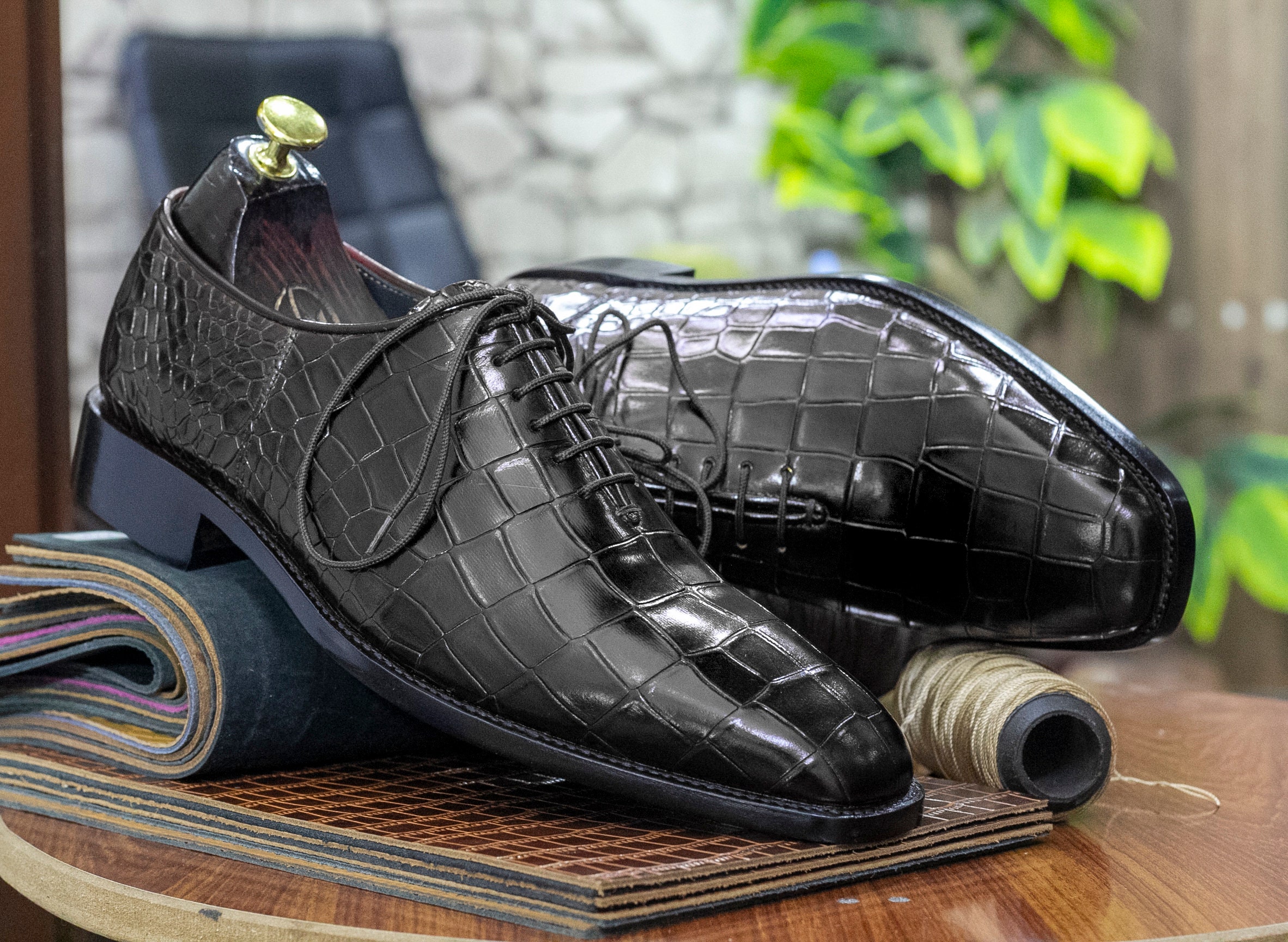 Men's Crocodile Dress Leather Shoes Lace-Up Wedding Party Shoes