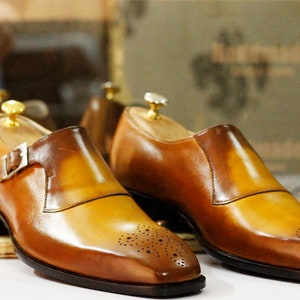 Bespoke Handmade Mustard Single Monk Shoes, Dress Brogue Toe Shoes, Men's Formal Goodyear Welted Shoes image 5