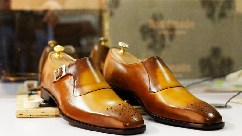 Bespoke Handmade Mustard Single Monk Shoes, Dress Brogue Toe Shoes, Men's Formal Goodyear Welted Shoes image 5