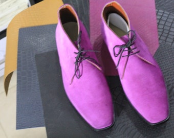 Bespoke Pink Colour Lace Up Suede Boots, Men's Classic and Stylish Designer Boots ,Men's Half Ankle High Boots
