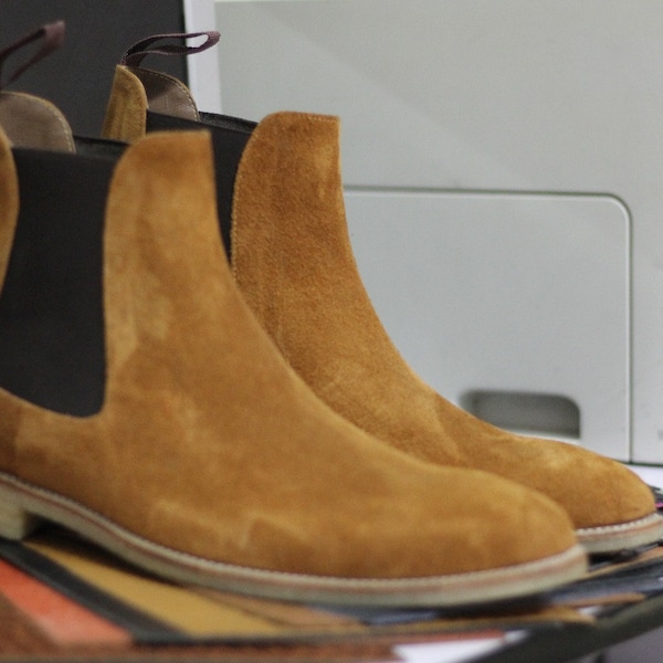 Bespoke Handmade Beige Colour Chelsea Boots,  Dress Formal Slip On Boots,Goodyear Welted Ankle High Boots for Men's
