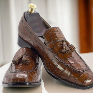 Handmade Brown Colour Leather Alligator Texture Exotic Slip on Loafers ...