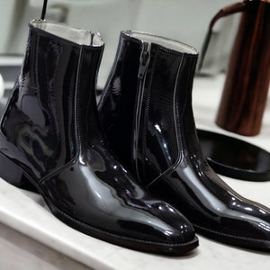 Handmade Black Patent Leather Boot, Ankle High Side Zipper Boot, Pull On Chelsea Style Leather Boot For Men