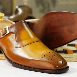 Bespoke Handmade Mustard Single Monk Shoes, Dress Brogue Toe Shoes, Men's Formal Goodyear Welted Shoes image 3