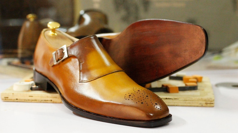 Bespoke Handmade Mustard Single Monk Shoes, Dress Brogue Toe Shoes, Men's Formal Goodyear Welted Shoes image 3