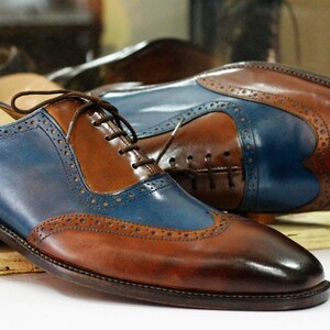 Bespoke Handmade Brown & Blue Leather Wing Tip Shoes, Oxfords Dress Formal Lace Up Shoes, Men's Goodyear Welted Shoes image 2