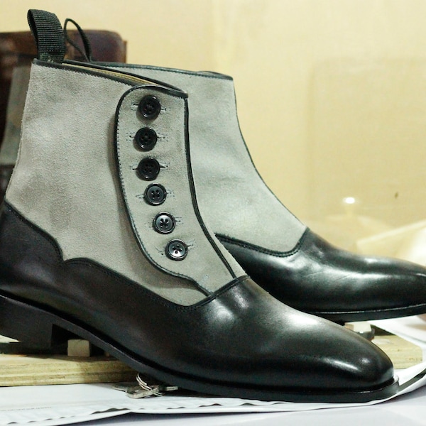 Handmade Leather & Suede Button Top Boots, Bespoke Black Grey Dress Formal Boots, Men's Goodyear Welted Ankle High Boots