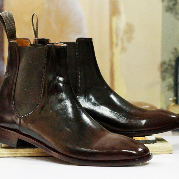 Bespoke Handmade Chelsea Boots, Brown Dress Formal Slip On Boots, Men's Goodyear Welted Ankle High Boots