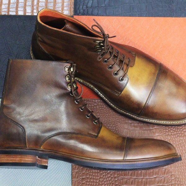 Bespoke Brown Colour Lace Up and Cap Toe Genuien Leather Boots, Men's Goodyear Welted Ankle High Designer Boots