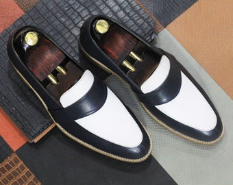 Bespoke Handmade Black White Leather Loafers For Men, Formal Dress Slip On Loafers for Men, Men's Shoes, Casual shoes