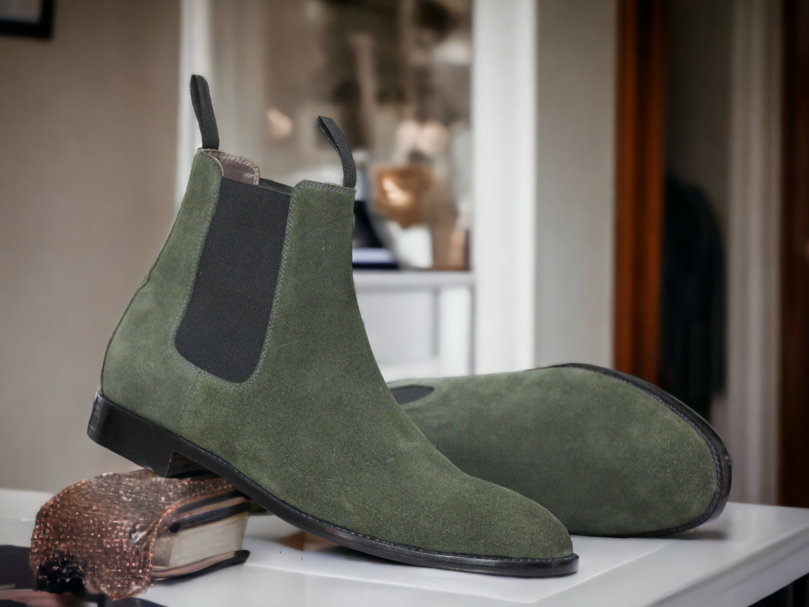 Bespoke Handmade Suede Chelsea Boots, Olive Green Dress Formal Slip On Boots, Men's Goodyear Welted Ankle High Boots