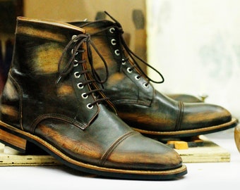 Bespoke Handmade Rub Off Leather Cap Toe Boots, Brown Exotic Boots, Men's Goodyear Welted Ankle High Boots