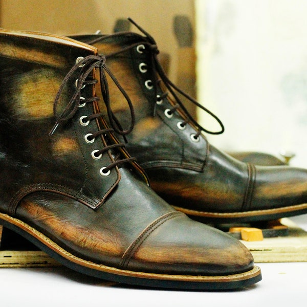 Bespoke Handmade Rub Off Leather Cap Toe Boots, Brown Exotic Boots, Men's Goodyear Welted Ankle High Boots