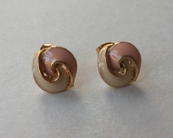 Gold-tone stud earrings with pink & white enamel detail