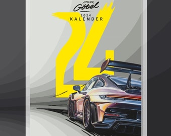 Calendrier automobile 2024 (Din A3) | Calendrier mural/annuel avec illustration de voiture | Cadeau de Noël 2023, Carlendar, Porsche GT3 RS et plus