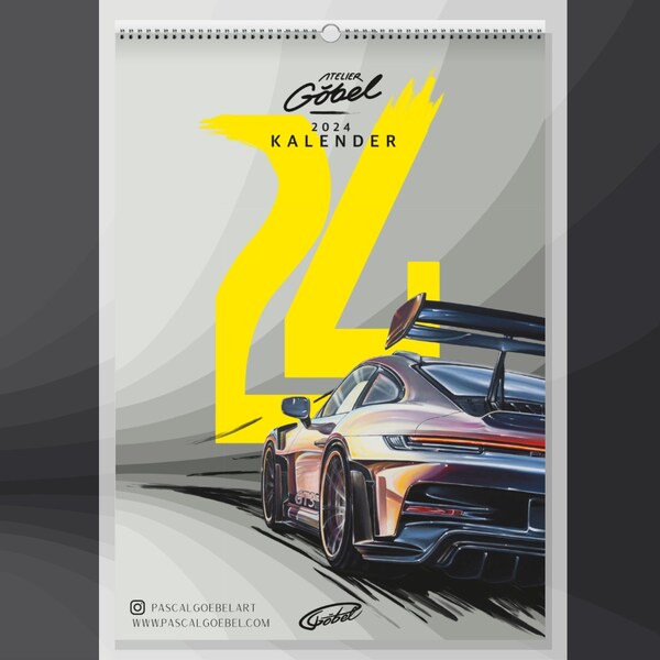 Autokalender 2024 (Din A3) | Wand/Jahreskalender mit Auto Kunstwerken | Weihnachtsgeschenk 2023, Carlendar, Porsche GT3 RS & mehr