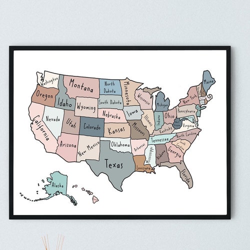 United States Map Wall Art USA Map Print All States Named Etsy