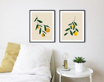 Set of Two Citrus Botanical Prints, DIGITAL DOWNLOAD, Orange Branch, Lemon Branch, Minimalist Modern Boho Farmhouse Wall Art, Home Decor