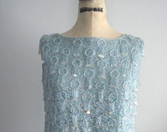 Pastel Blue Recalia Womens Blue Beaded Sequined Sweater Vest Top Blouse L