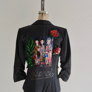 1990s Vintage Tweed Blazer Coat, Multicolor Floral Sequin Gray Ladies Women Blazer, Retro Fashion Flowers Reworked Coat | Charlotte & CO