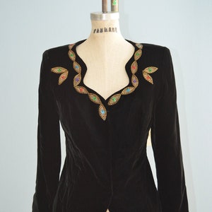 Black Velvet Sequined Beaded Gold Leaves Jacket Blazer Short Cropped