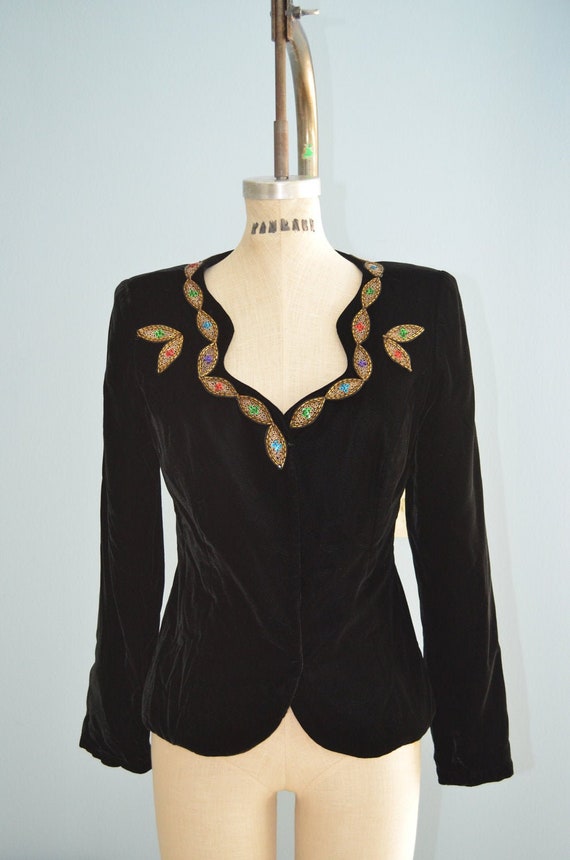 Black Velvet Sequined Beaded Gold Leaves Jacket Bl