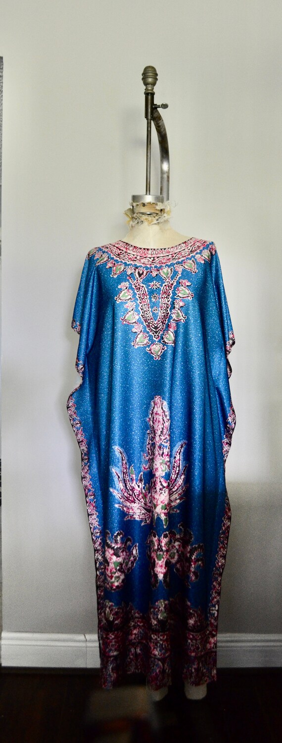 Vintage Boho Maxi Kaftan Blue Paisley Long Dress - image 3