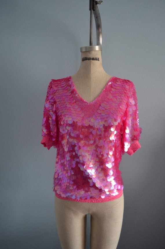 Oleg Cassini Pink Round Sequined Top Blouse Style