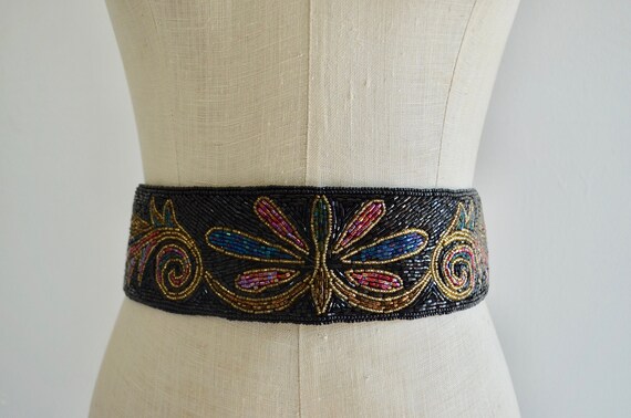 Vintage Beaded Floral Statement Belt - Black with Multicolor Floral Embroidery Peruvian Hand Embroidered Belt , Wool Belt, Statement Belt  main image 3