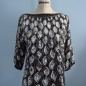 Silk Raglan Black & Silver Sequins Beaded Glam Cocktail Party Wedding Blouse Top