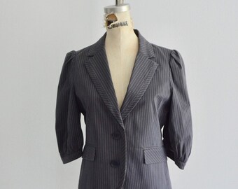 Bcbg Maxazria Cropped Puff Sleeve Blazer Gray Cream Striped Top Blouse Tailored Fashion Designer