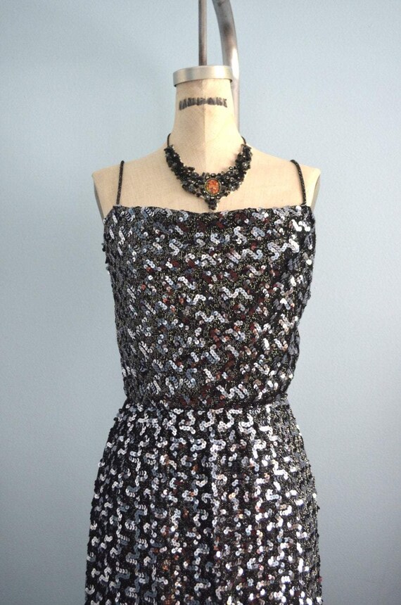 70's Lurex Knit Sequined Black & Silver Long Cock… - image 3