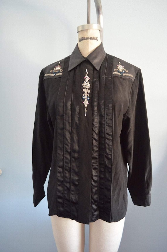 Chic Black Silk Erez Leather Crystal Embroidery Sh