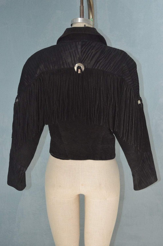 Black Suede Leather Fringe Navajo Biker Jacket - image 5