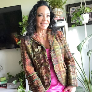 Tweed Green Orange classic Jackie O boucle with Flower Embroidery