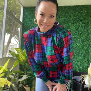1980s Jerri Sherman silk pleated multicolor plaid houndstooth blouse