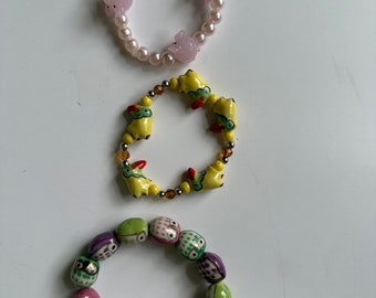 New Parrot Owl Pig Animal Porcelain Beads Stack of 3 Bracelet