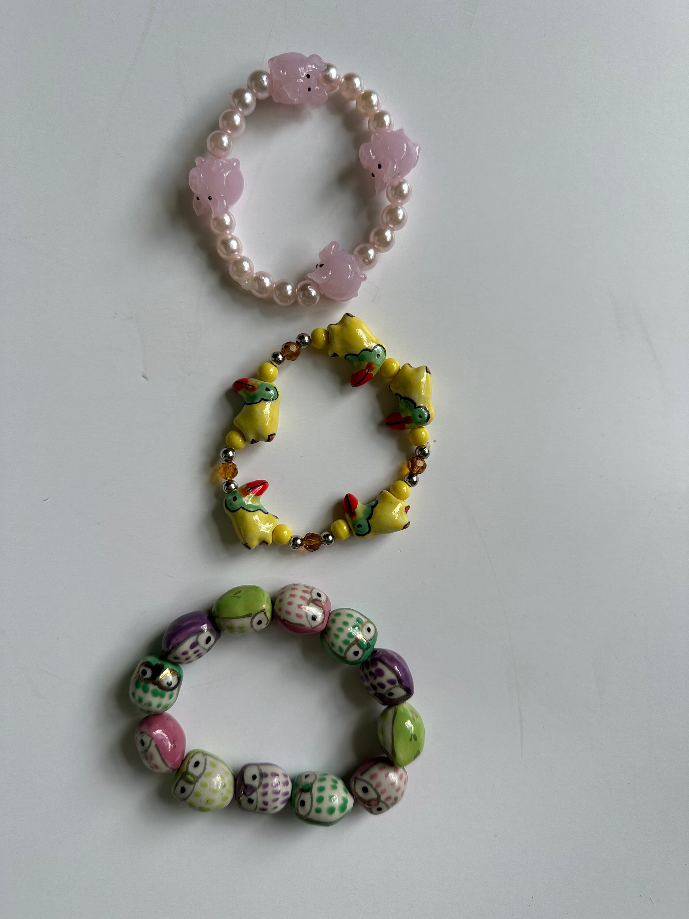 New Parrot Owl Pig Animal Porcelain Beads Stack of 3 Bracelet