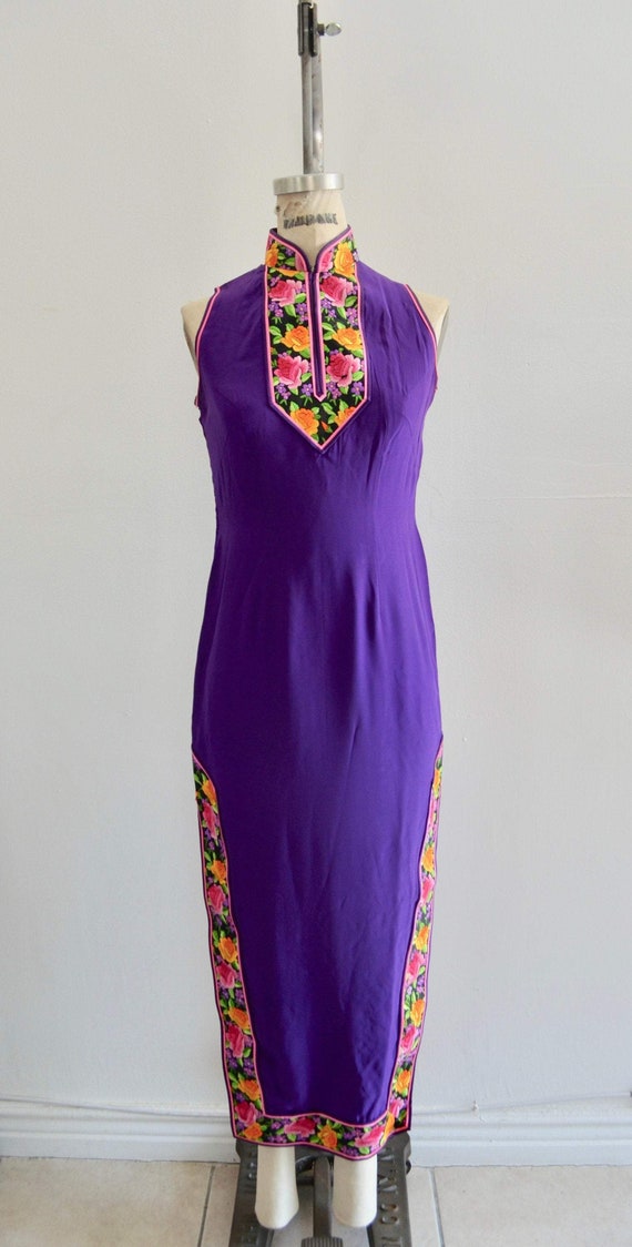 80S Cheongsam Japanese Traditional Purple Floral … - image 1