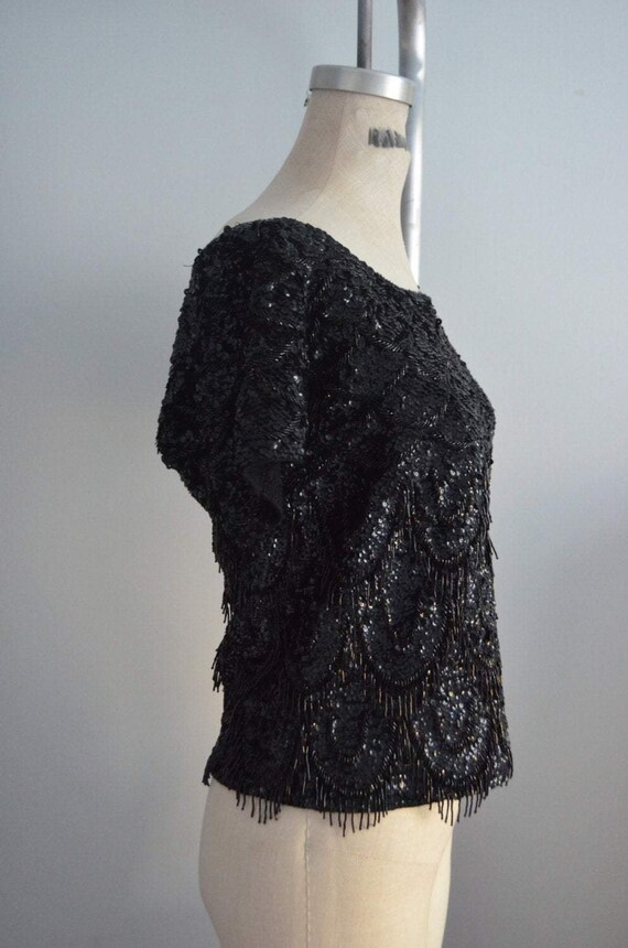 1960S Jo Ro Imports Black Sequined Beaded Fringe … - image 3