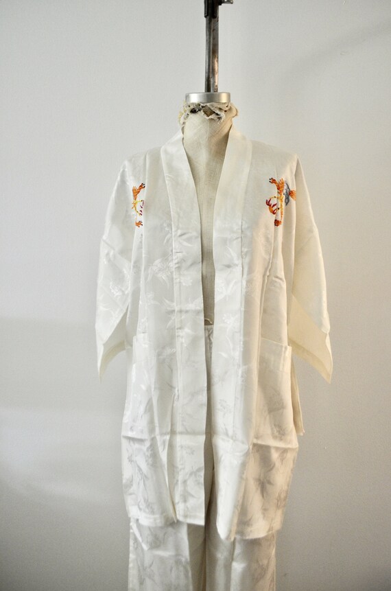 White Dragon Silk Brocade Pajama Set Pants and Kim