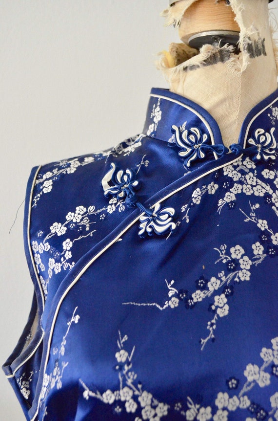 80S Cheongsam Japanese Traditional Asian Blue Sil… - image 4