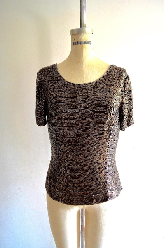 Oleg Cassini Antique Gold Black Tie Iridescent Sequined Beaded Top Handicraft Cropped Size M