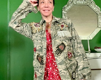 Camouflage print military jacket reworked with patches Tiger and Sacred heart