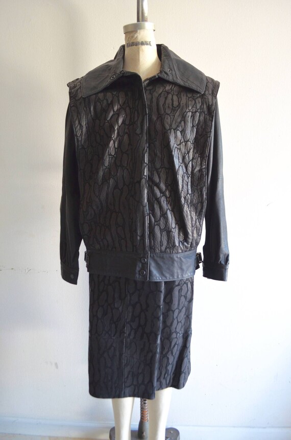 Vintage Leopard Patchwork Leather Skirt Suit: 80s… - image 1