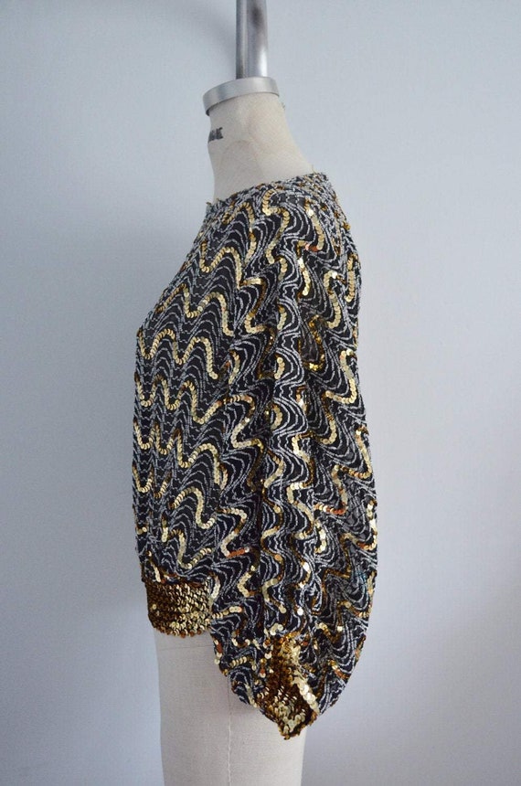 70S Glam Sequined And Beaded Batwing Disco Top Bl… - image 3