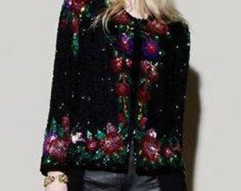 Chaqueta corta con lentejuelas y cuentas de Laurence Kazar, multicolor, floral, para cóctel, boda, Nochevieja, talla XL